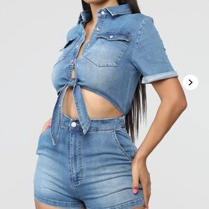 Fashion Nova Blue Denim Tie-Front Jumpsuit